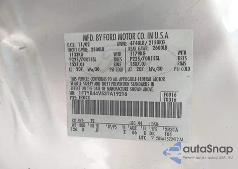 2003 Ford Ranger Edge/Tremor/Xlt z USA, uszkodzony, nr VIN 1FTYR44V53TA19216